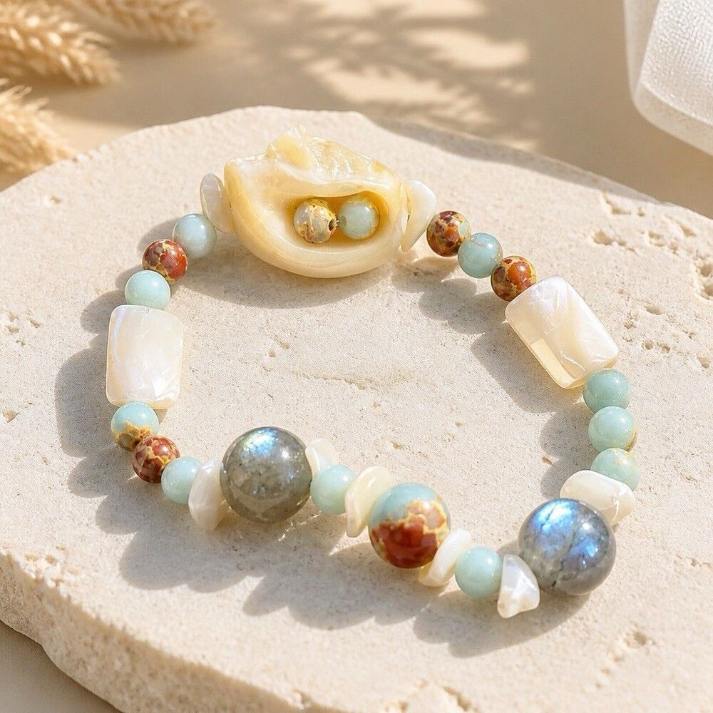Bracelet,  Handmade, Mop, Natural Seashell, Aqua Terra Jasper, Labradolite Stone